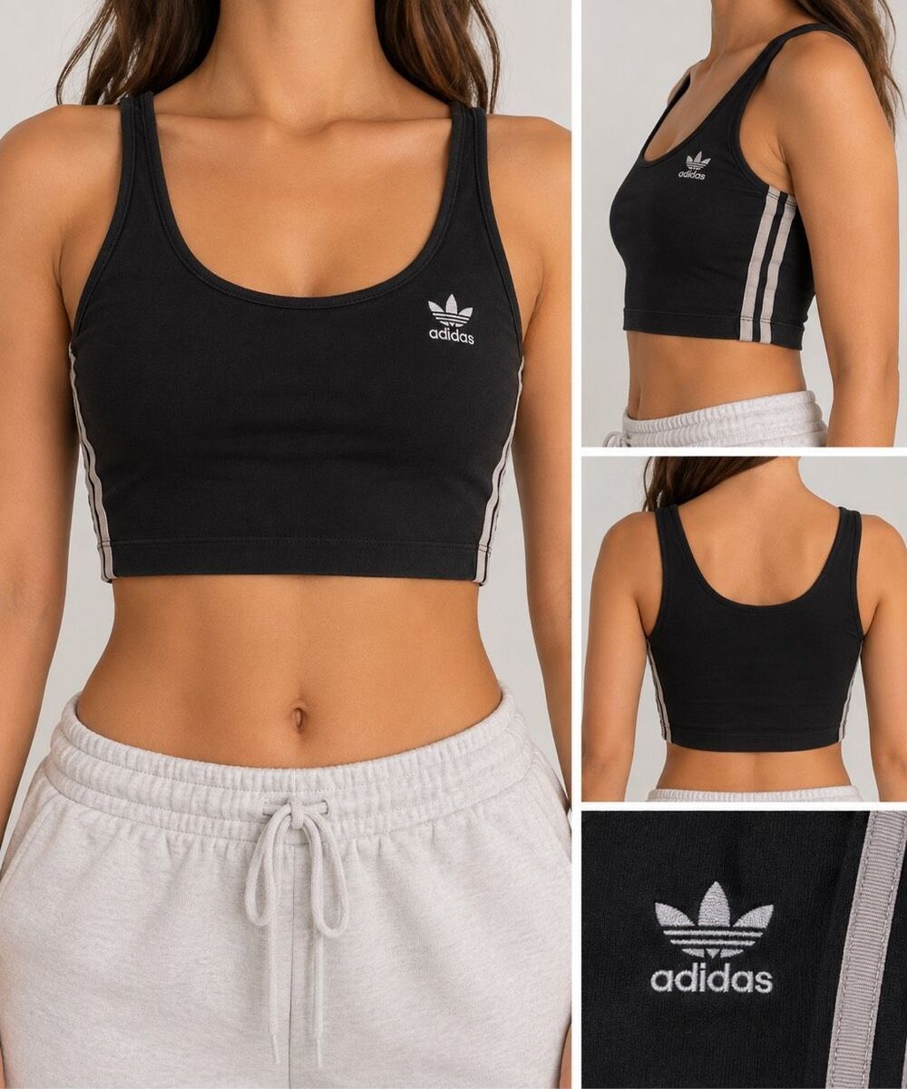 Adidas Originals Black Crop Tank Top Medium Trefoil Y2K 3 Stripe